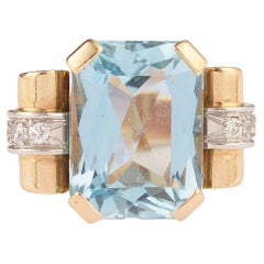 Retro Tank 12 Carats Aqua Marine Diamonds 18 Carats Rose Gold Cocktail Ring