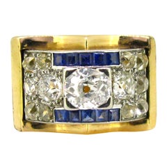 Retro Tank Diamonds Sapphires Yellow Gold Platinum Cocktail Fashion Ring