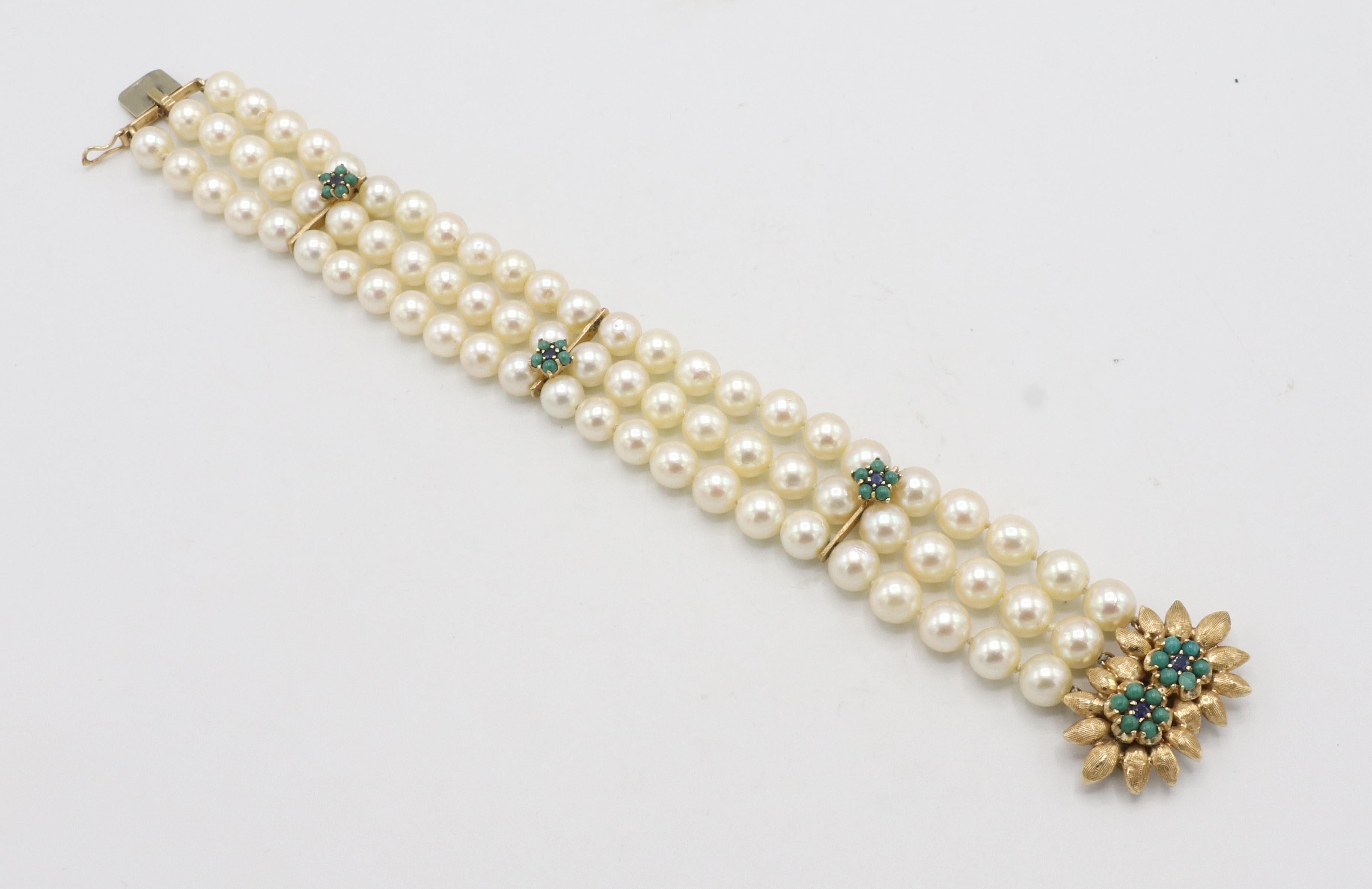 Retro Three Row Multi Strand Pearl Bracelet with 14 Karat Gold & Gemstone Clasp  In Good Condition In  Baltimore, MD