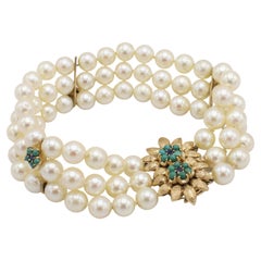 Retro Three Row Multi Strand Pearl Bracelet With 14 Karat Gold & Gemstone Clasp 