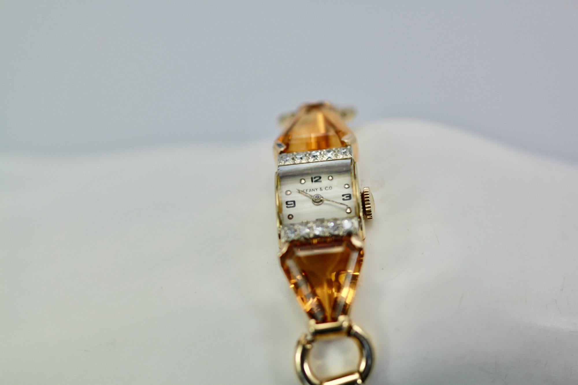 Women's Retro Tiffany 14K Gold Citrine Diamond Ladies Watch