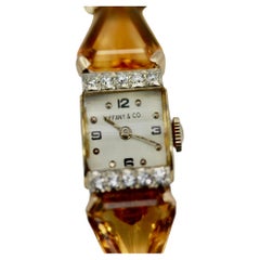 Retro Tiffany 14K Gold Citrin-Diamant-Damenuhr