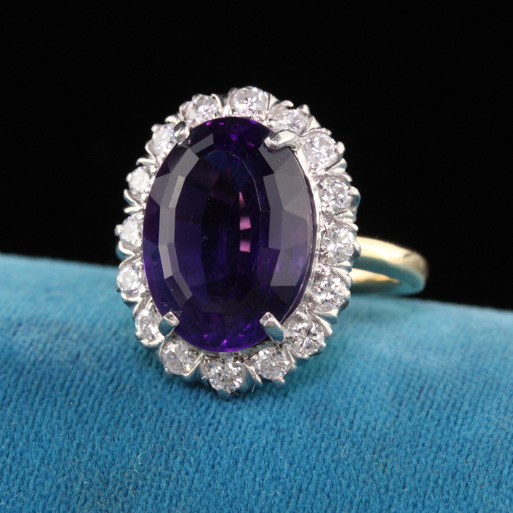 Beautiful Retro Tiffany and Co 18K Gold and Platinum Diamond Amethyst Engagement Ring. This gorgeous ring is crafted in 18K yellow gold and platinum. The ring is made by Tiffany and Co and has a nice clean amethyst in the center with white diamonds