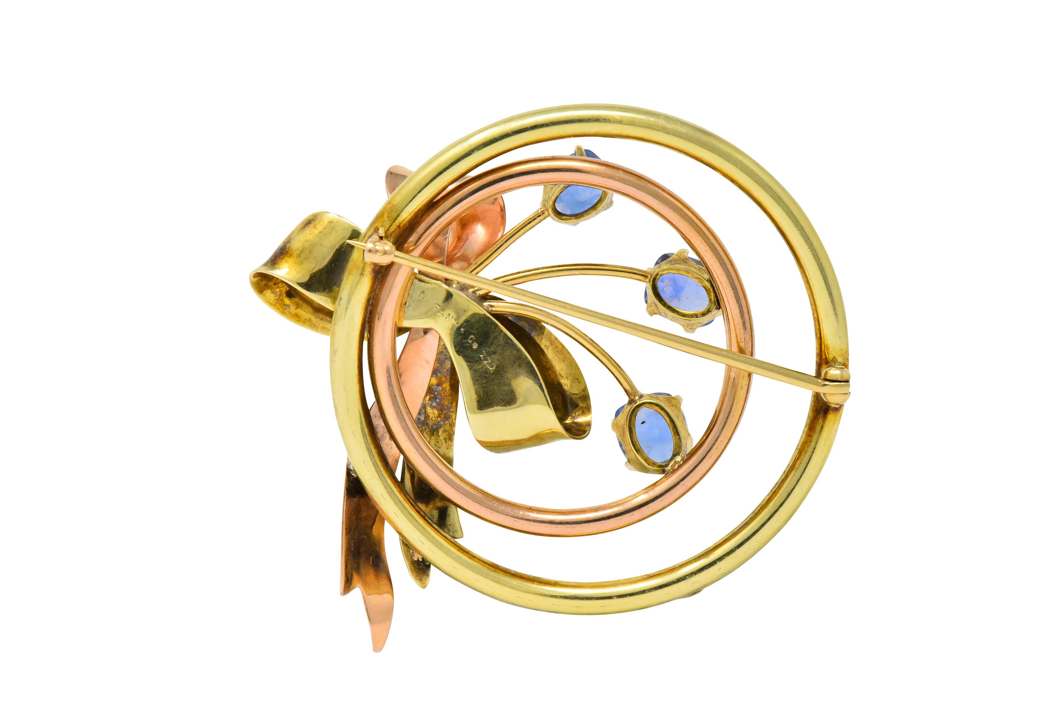 Retro Tiffany & Co. 1.32 Carat Sapphire 18 Karat Tri-Colored Gold Brooch 1