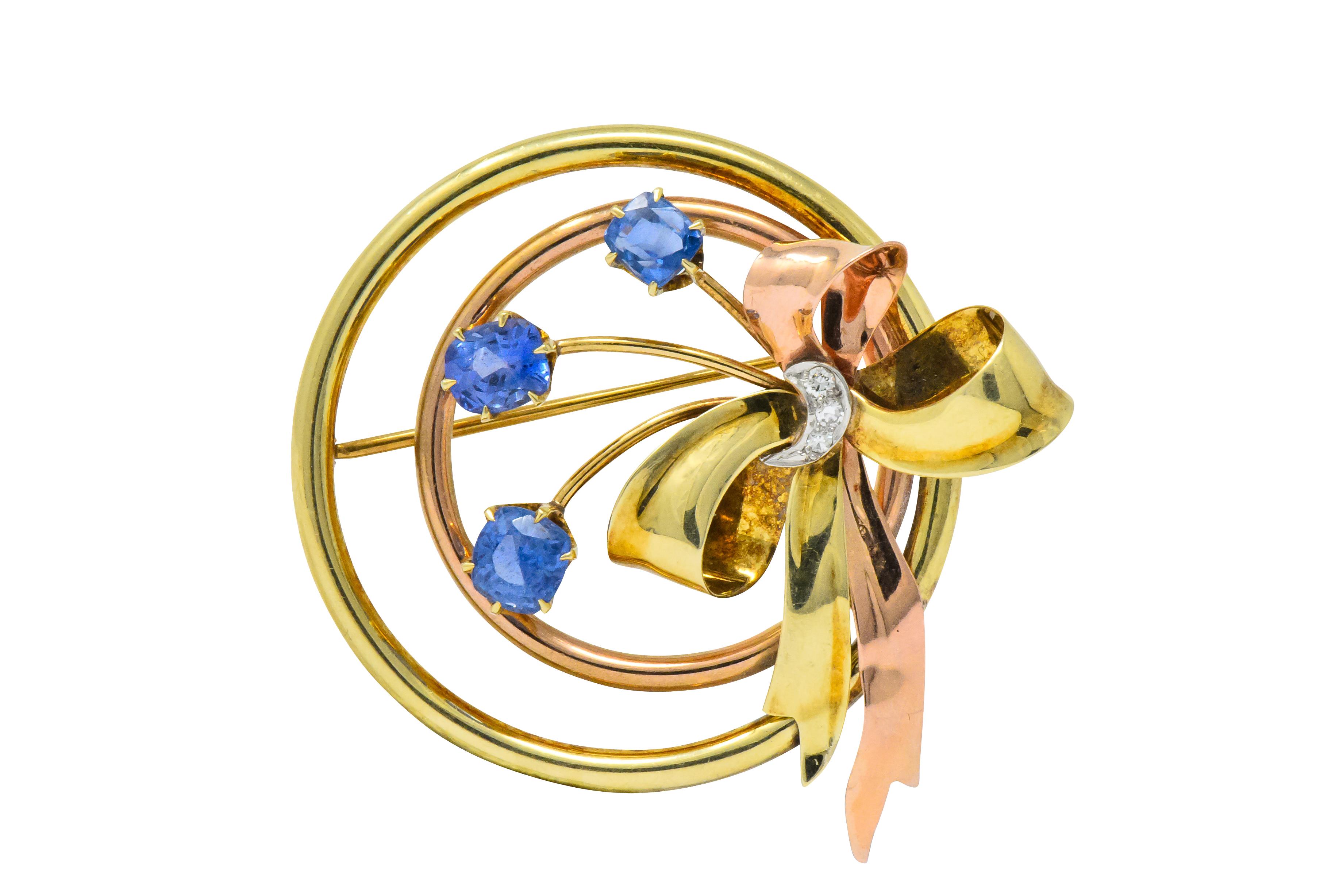 Retro Tiffany & Co. 1.32 Carat Sapphire 18 Karat Tri-Colored Gold Brooch 2