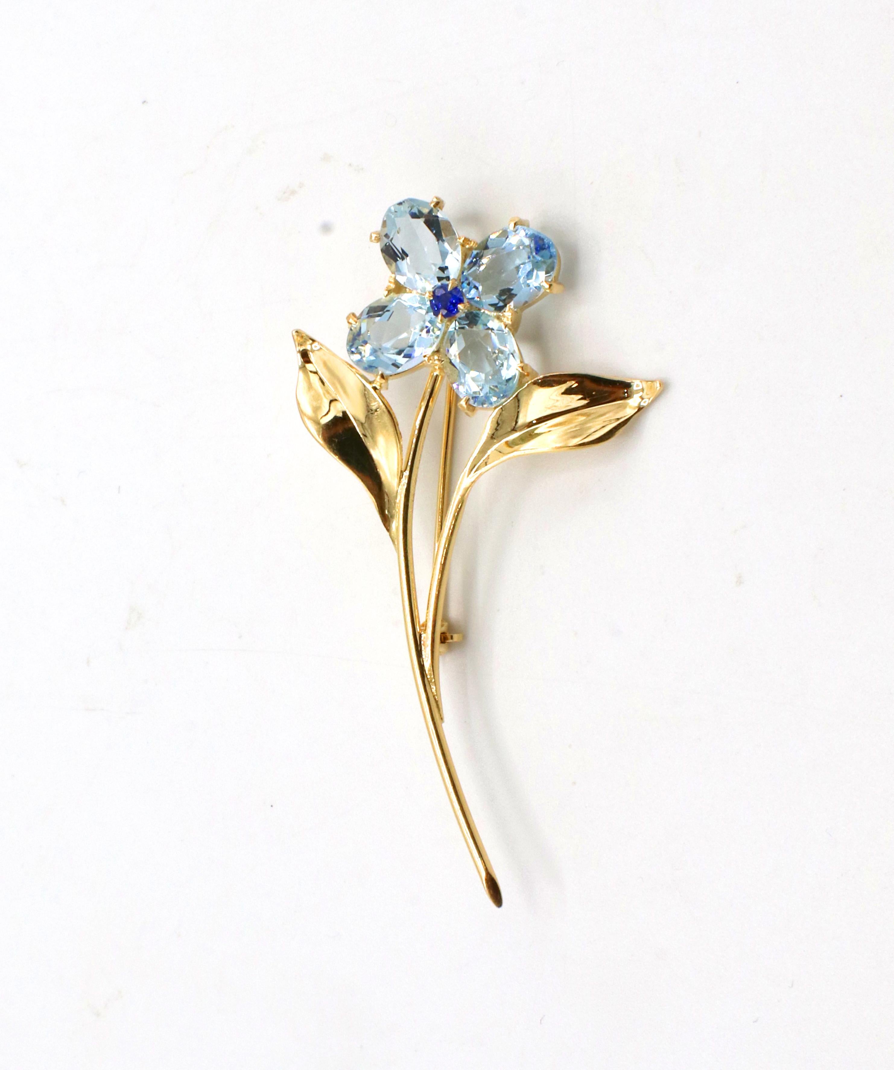 Retro Tiffany & Co. 14 Karat Gold Aquamarina & Sapphire Flower Brooch Pin 
Metal: 14k yellow gold
Weight: 5.03 grams
Length: 55.5mm
Width: 29.5mmm
Signed: Tiffany & Co. 14K

