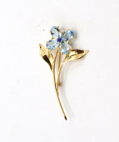 Retro Tiffany & Co. 14 Karat Gold Aquamarina & Sapphire Flower Brooch Pin