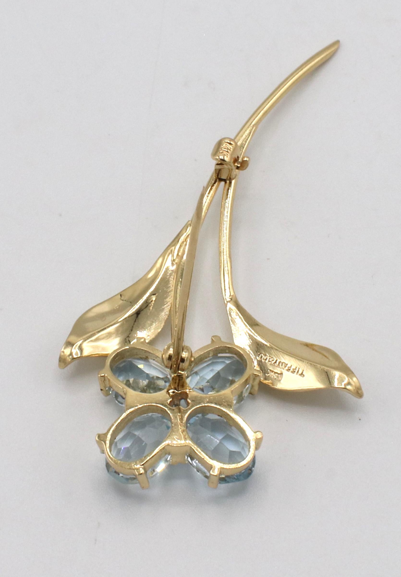 Oval Cut Retro Tiffany & Co. 14 Karat Gold Aquamarina & Sapphire Flower Brooch Pin 