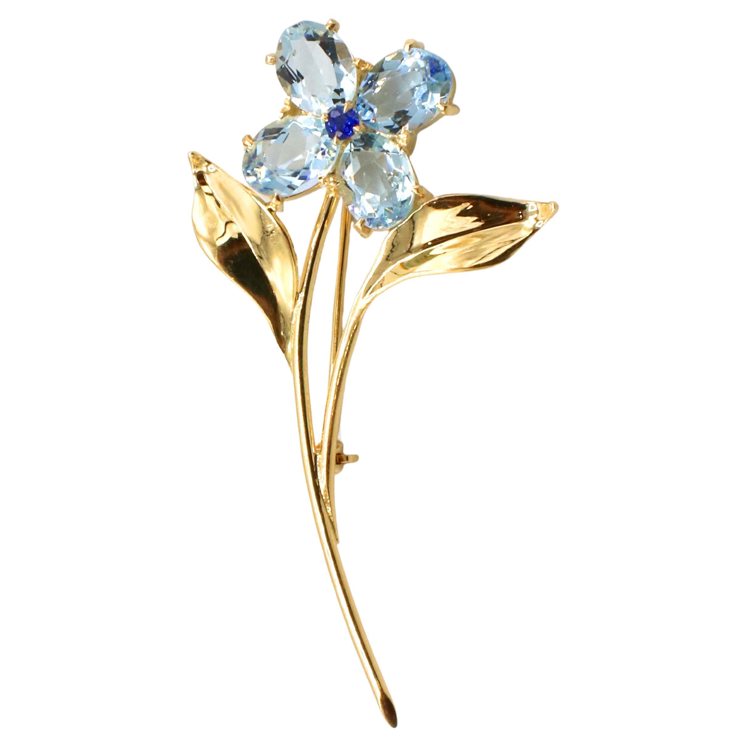 Retro Tiffany & Co. 14 Karat Gold Aquamarina & Sapphire Flower Brooch Pin 