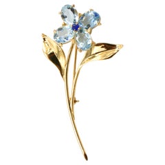 Retro Tiffany & Co. 14 Karat Gold Aquamarina & Sapphire Flower Brooch Pin