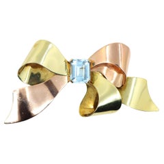 Retro Tiffany & Co. 14K Gold Aquamarine Bow Tie Brooch