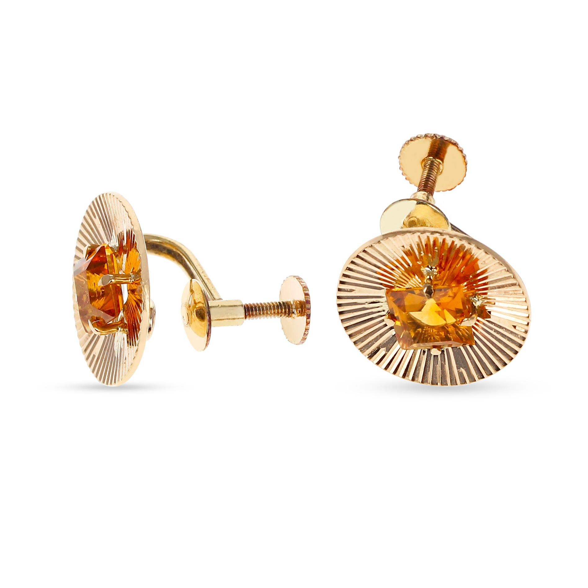 A pair of Retro Tiffany & Co. Citrine Earrings made in 14K Yellow Gold. The size of the citrines are 6MM. The length of the earrings are 0.60