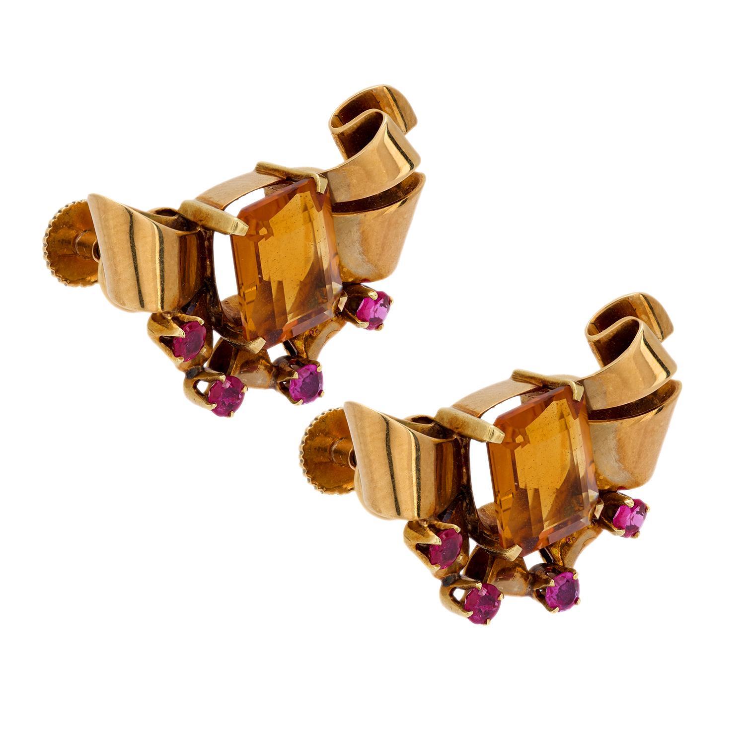 Pendientes retro Tiffany & Co. de oro rosa de 14k con rubí citrino Retro en venta