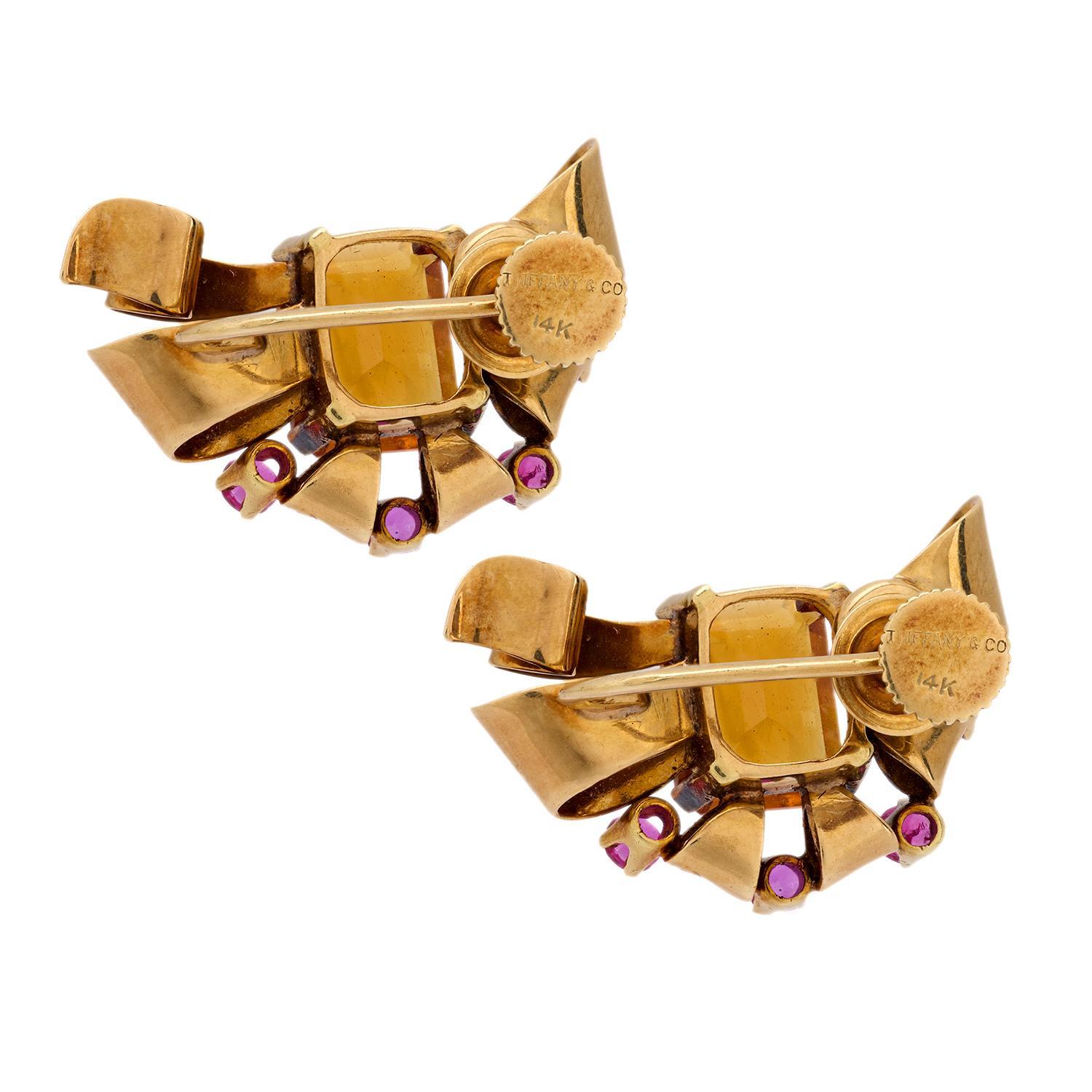 Pendientes retro Tiffany & Co. de oro rosa de 14k con rubí citrino en Bueno estado para la venta en Beverly Hills, CA