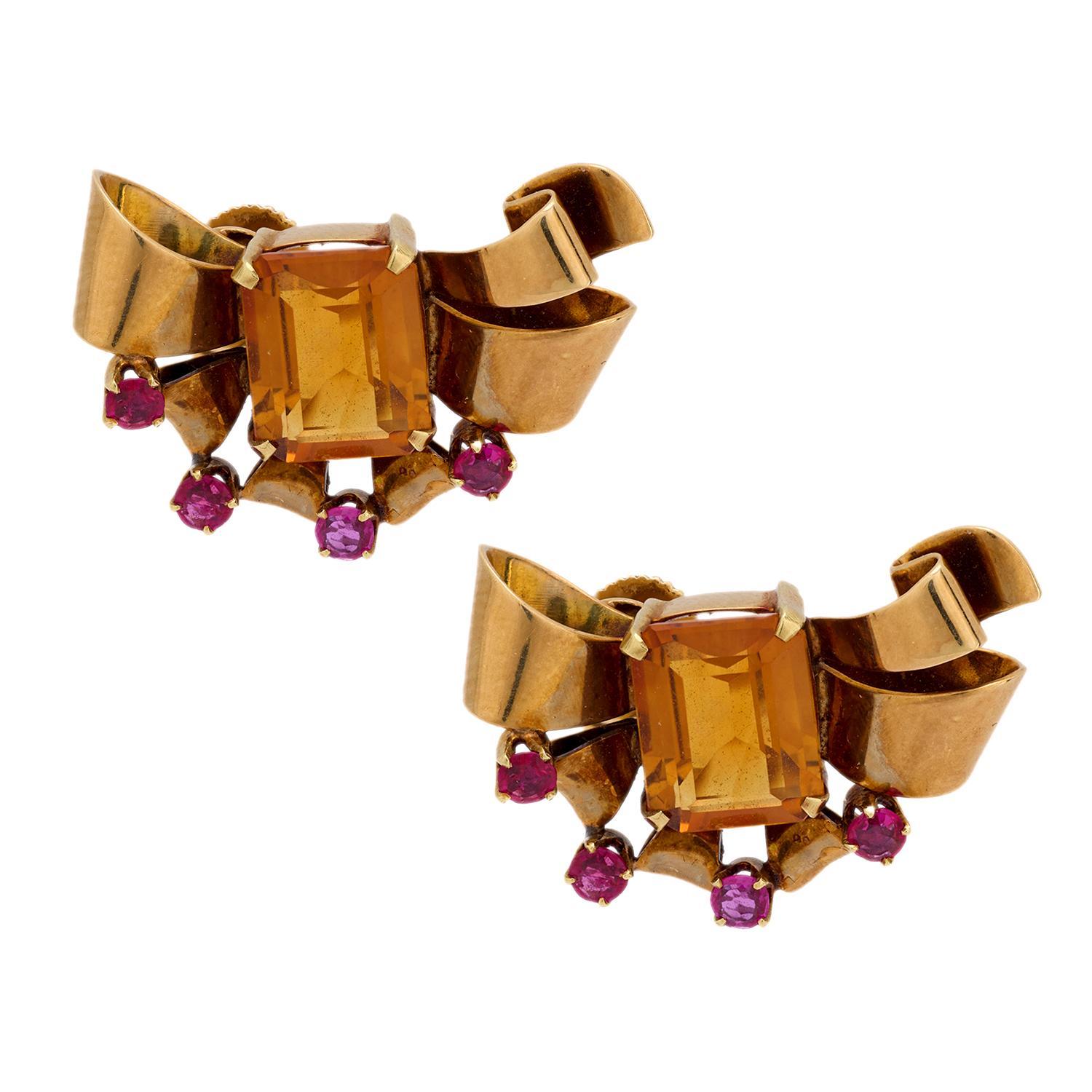 Retro Tiffany & Co. citrine ruby 14k rose gold earrings