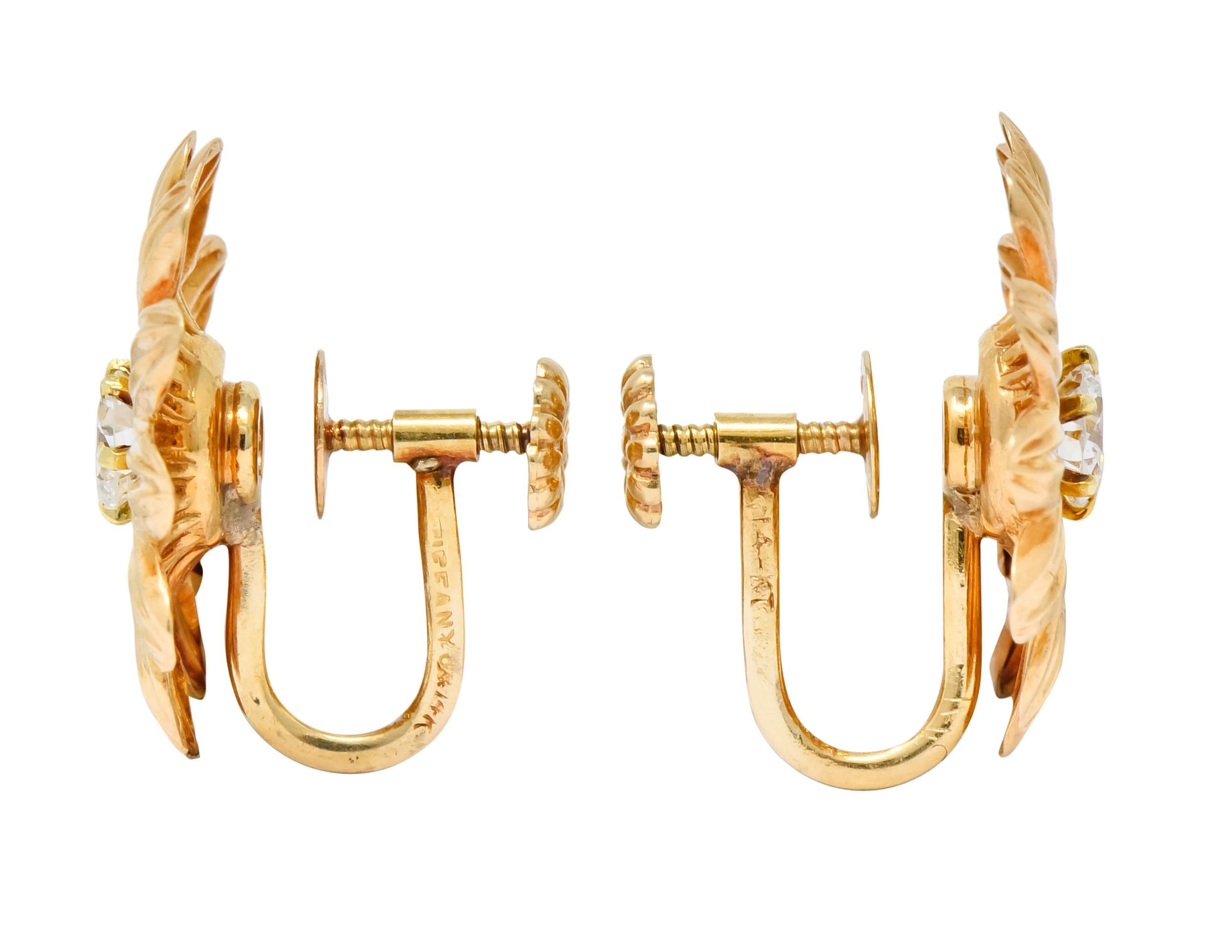 Women's or Men's Retro Tiffany & Co. Diamond 14 Karat Gold Flower Screw Back Earrings