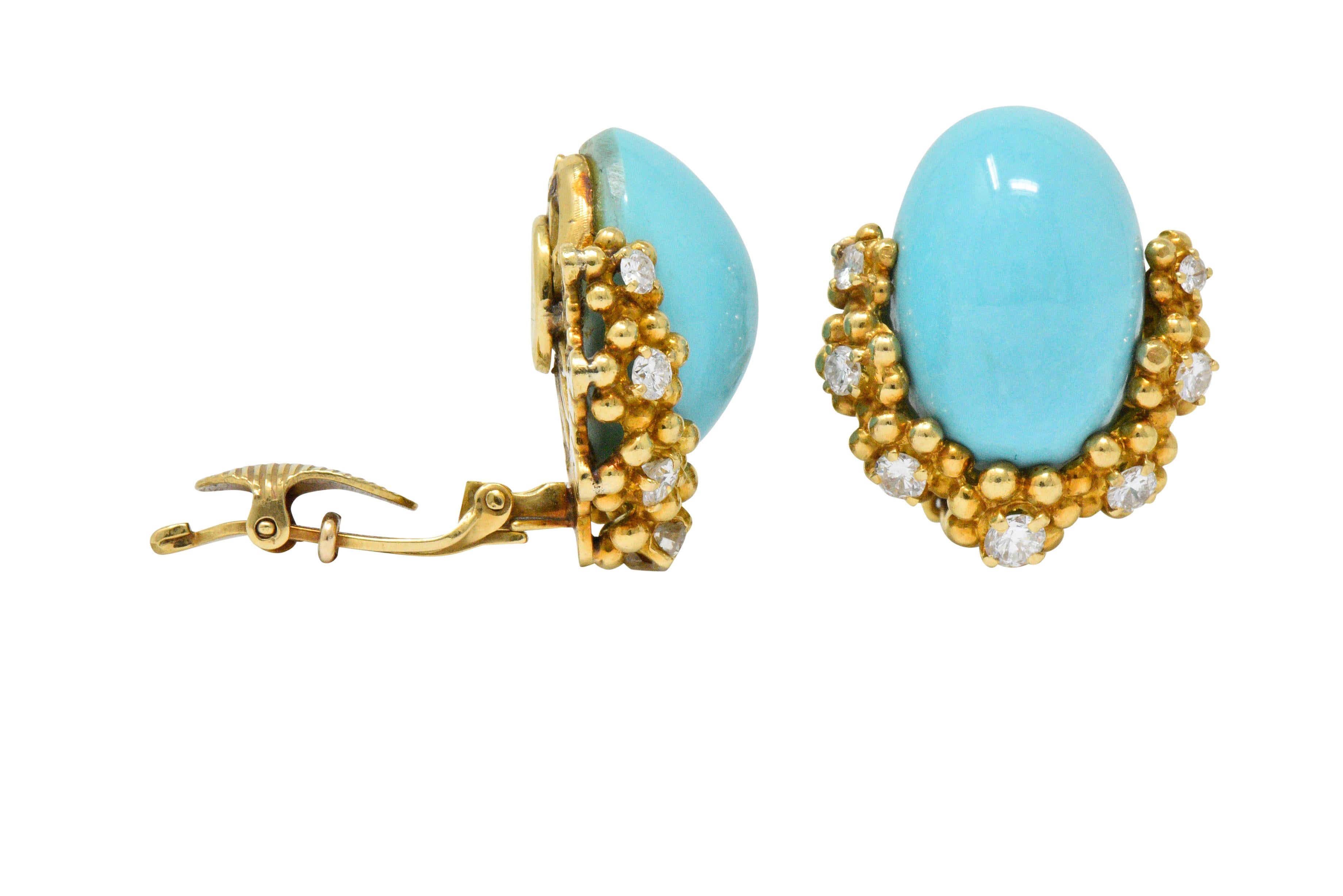 Round Cut Retro Tiffany & Co. Diamond Turquoise 18 Karat Gold Ear-Clips Earrings