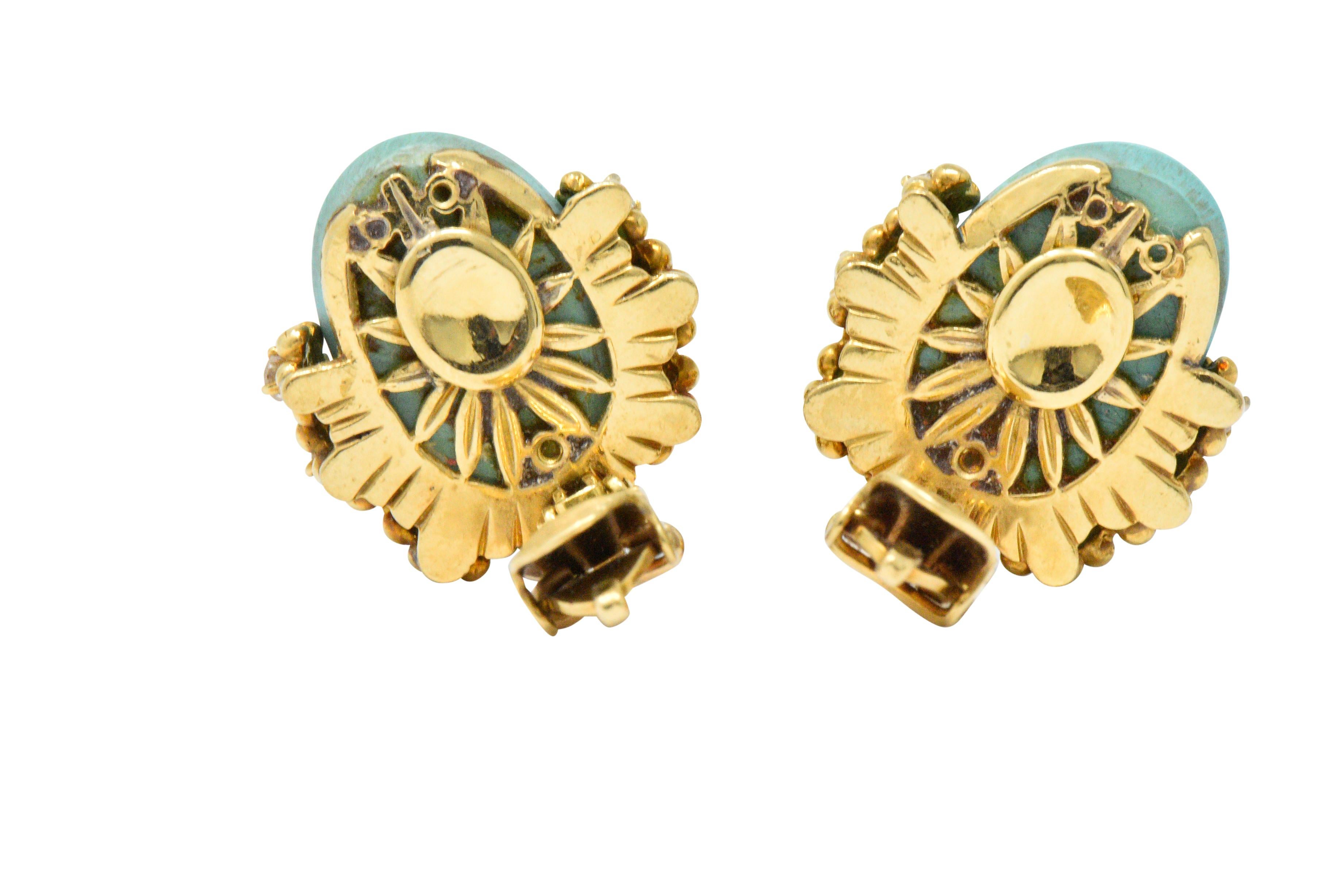 Retro Tiffany & Co. Diamond Turquoise 18 Karat Gold Ear-Clips Earrings In Excellent Condition In Philadelphia, PA