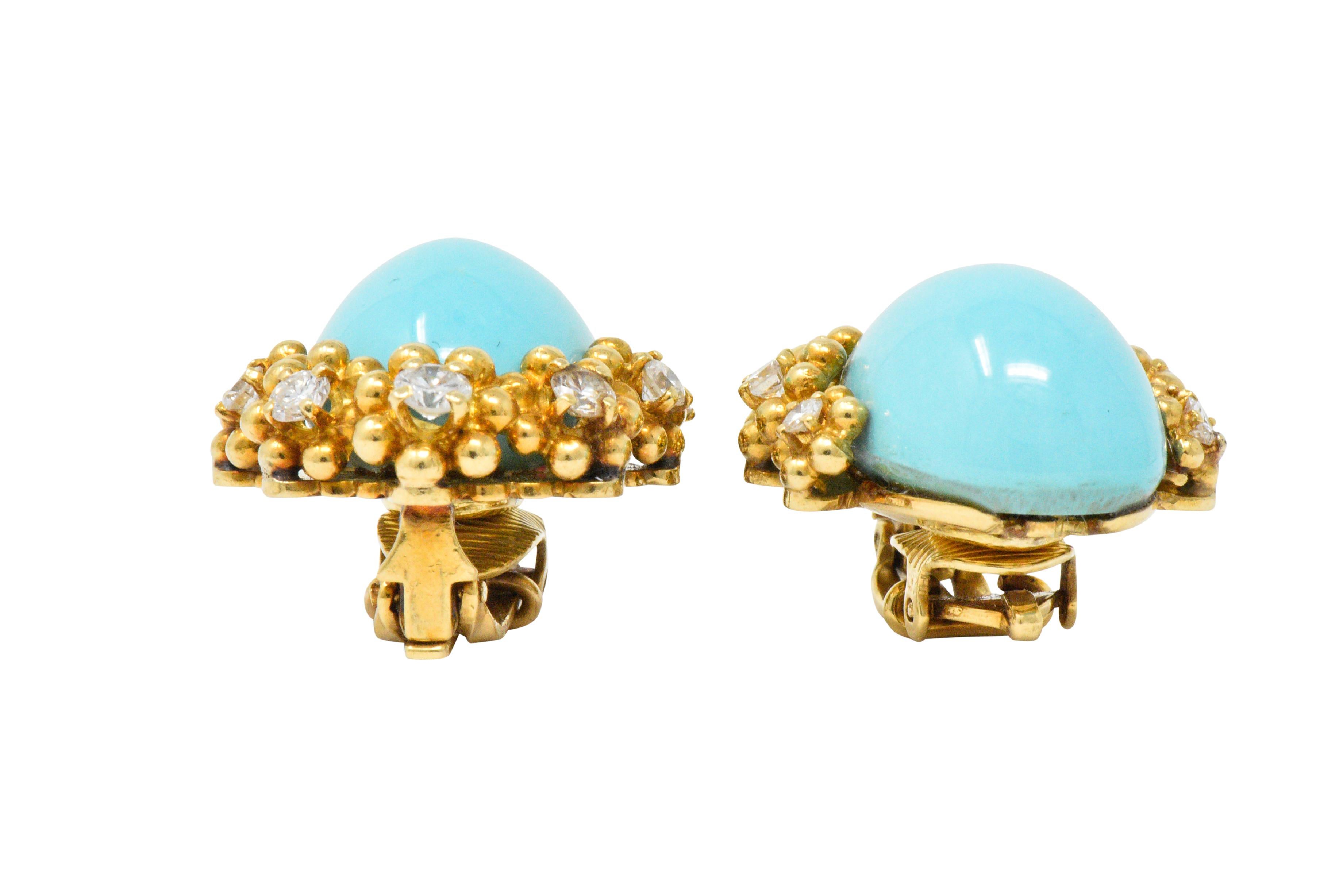 Women's or Men's Retro Tiffany & Co. Diamond Turquoise 18 Karat Gold Ear-Clips Earrings