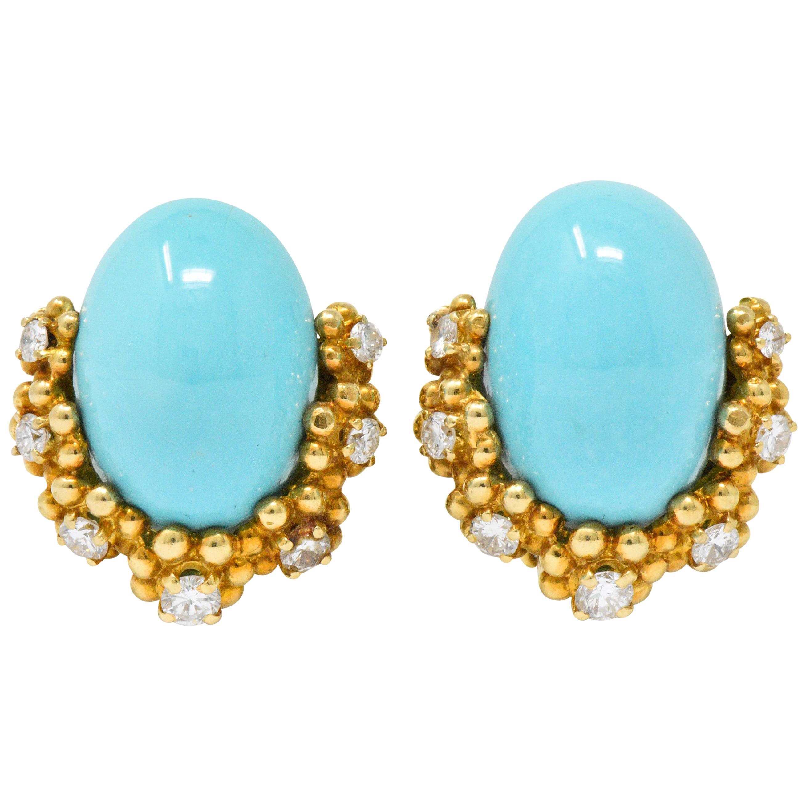 Retro Tiffany & Co. Diamond Turquoise 18 Karat Gold Ear-Clips Earrings