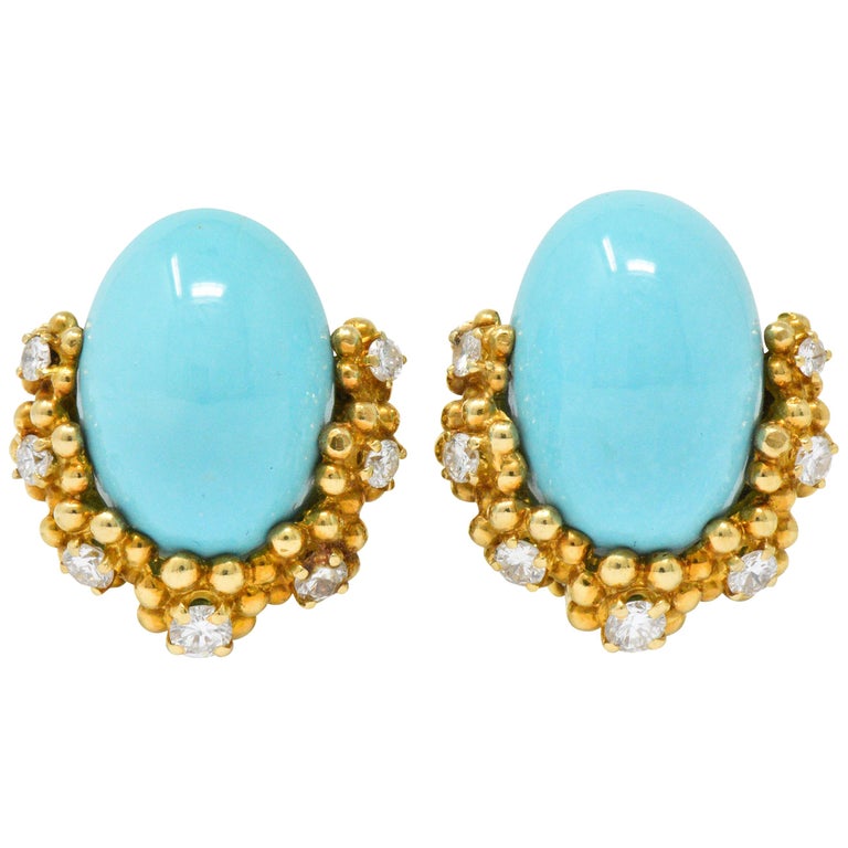 Retro Tiffany and Co. Diamond Turquoise 18 Karat Gold EarClips