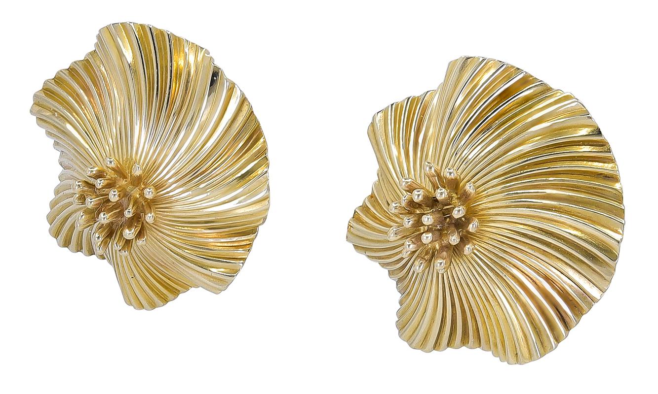Bold Stylized figural flower earrings. 18K yellow gold, with omega clips.  Approximately 1-1/4