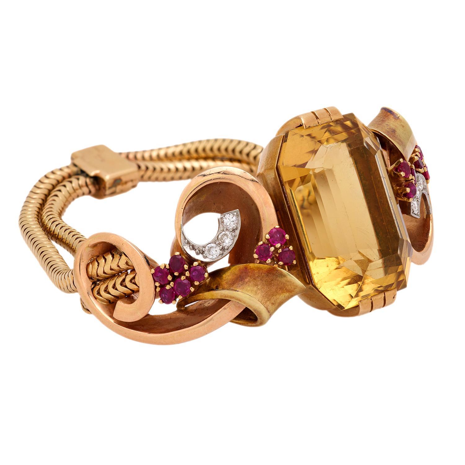 Taille émeraude Rétro Tiffany & Co. Bracelet en or rose 14k avec citrine, rubis et diamant GIA en vente
