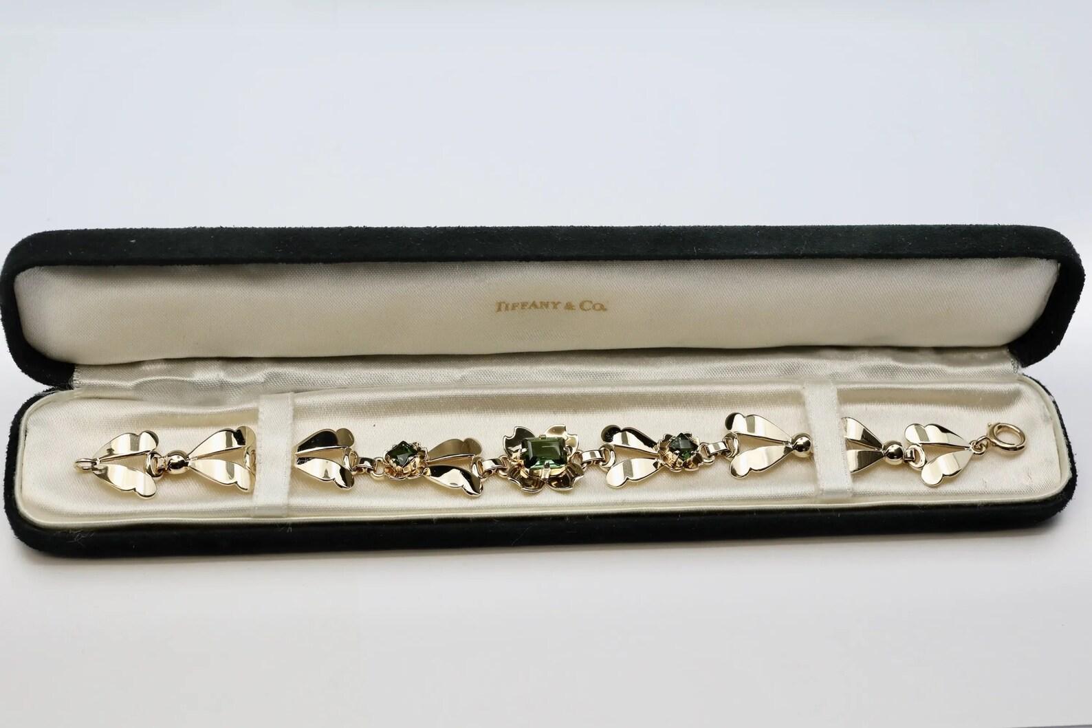 Bracelet trèfle rétro Tiffany & Company à quatre feuilles en tourmaline verte 14 carats Pour femmes en vente