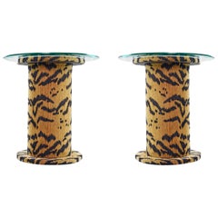 Vintage Tiger Fabric Pedestal Glass Top Side Tables