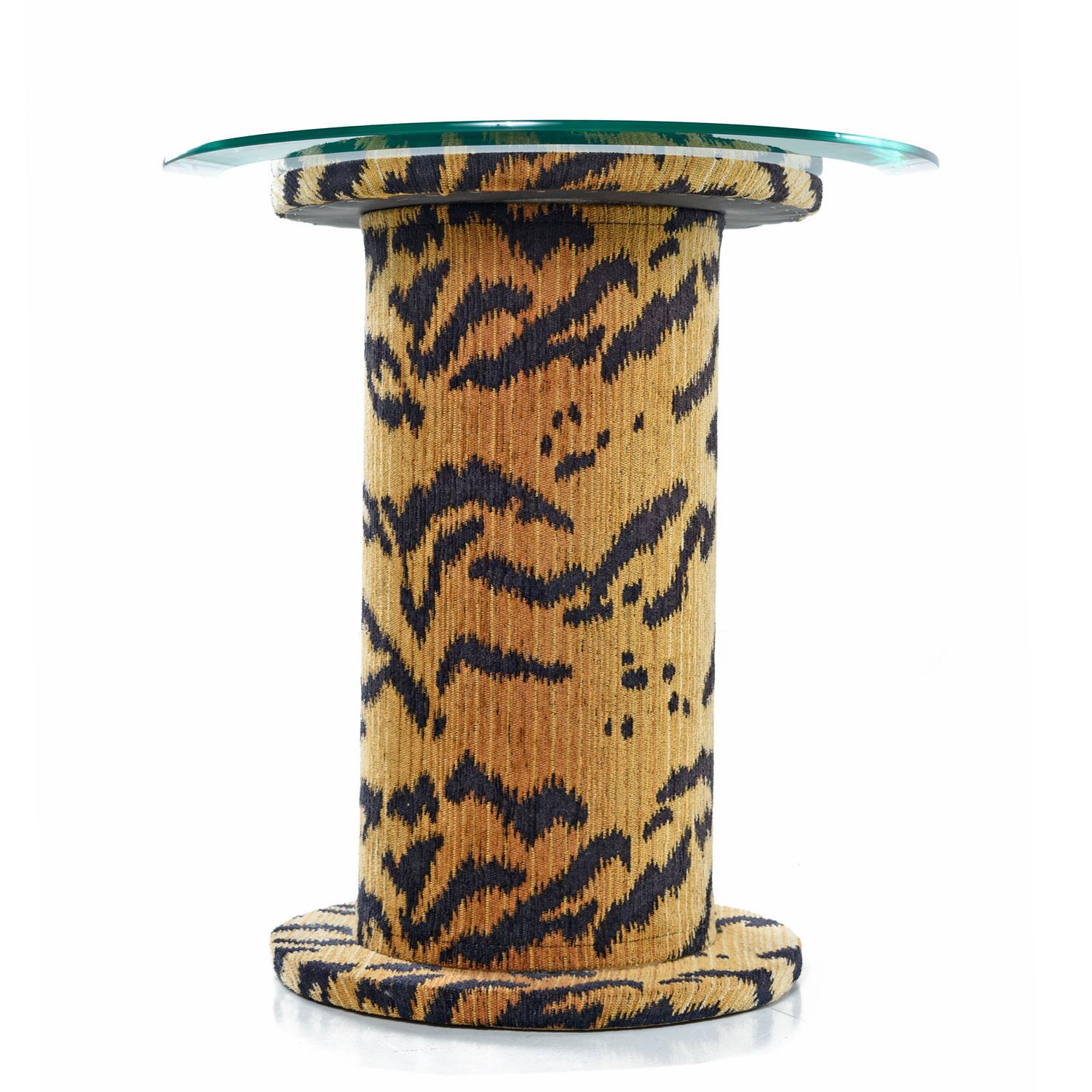 Hollywood Regency Retro Tiger Fabric Pedestal Glass Top Side Tables