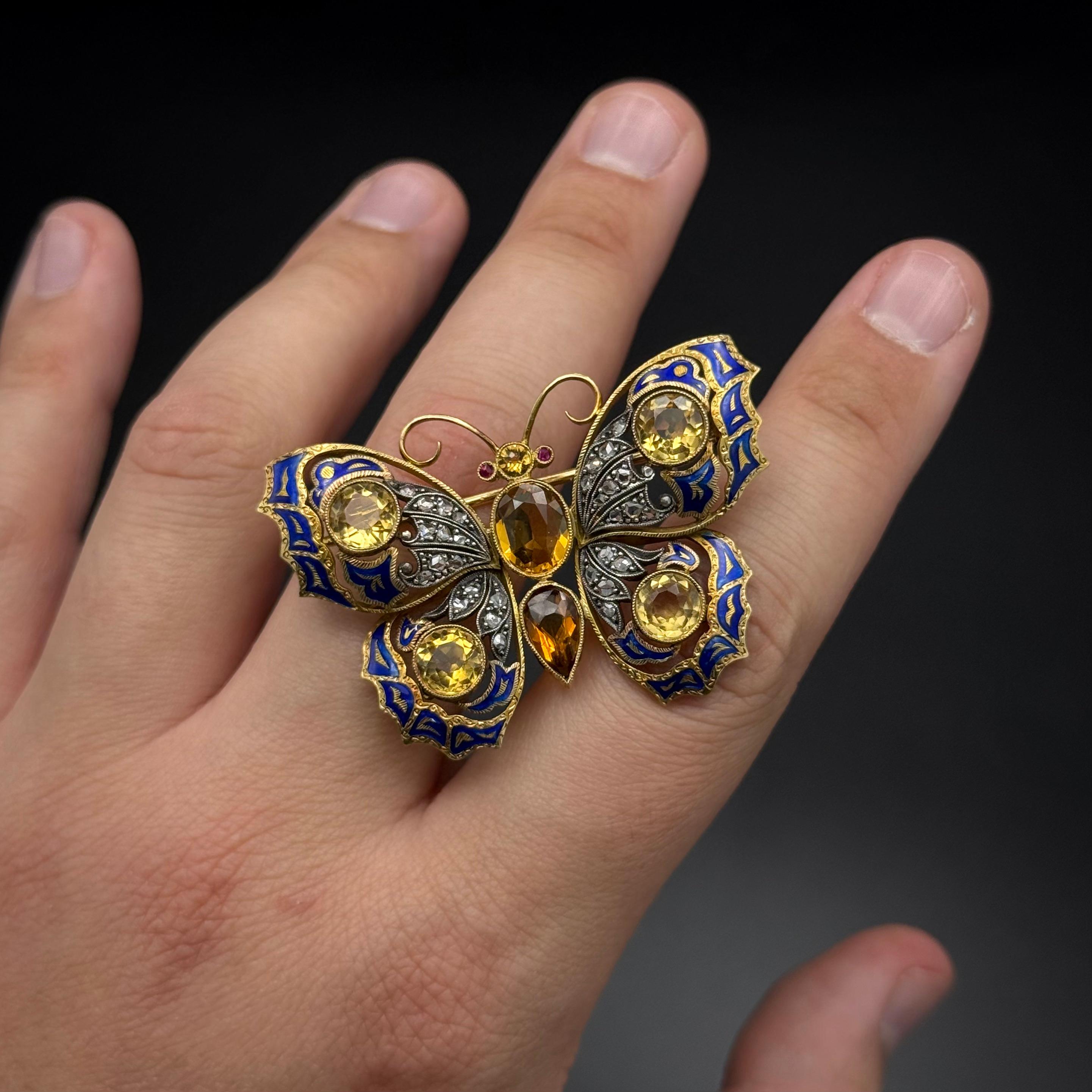 Rétro Spilla a farfalla con smalto retrò Topazio Citrino Rubino Diamante Oro Portoghese 1940s in vendita
