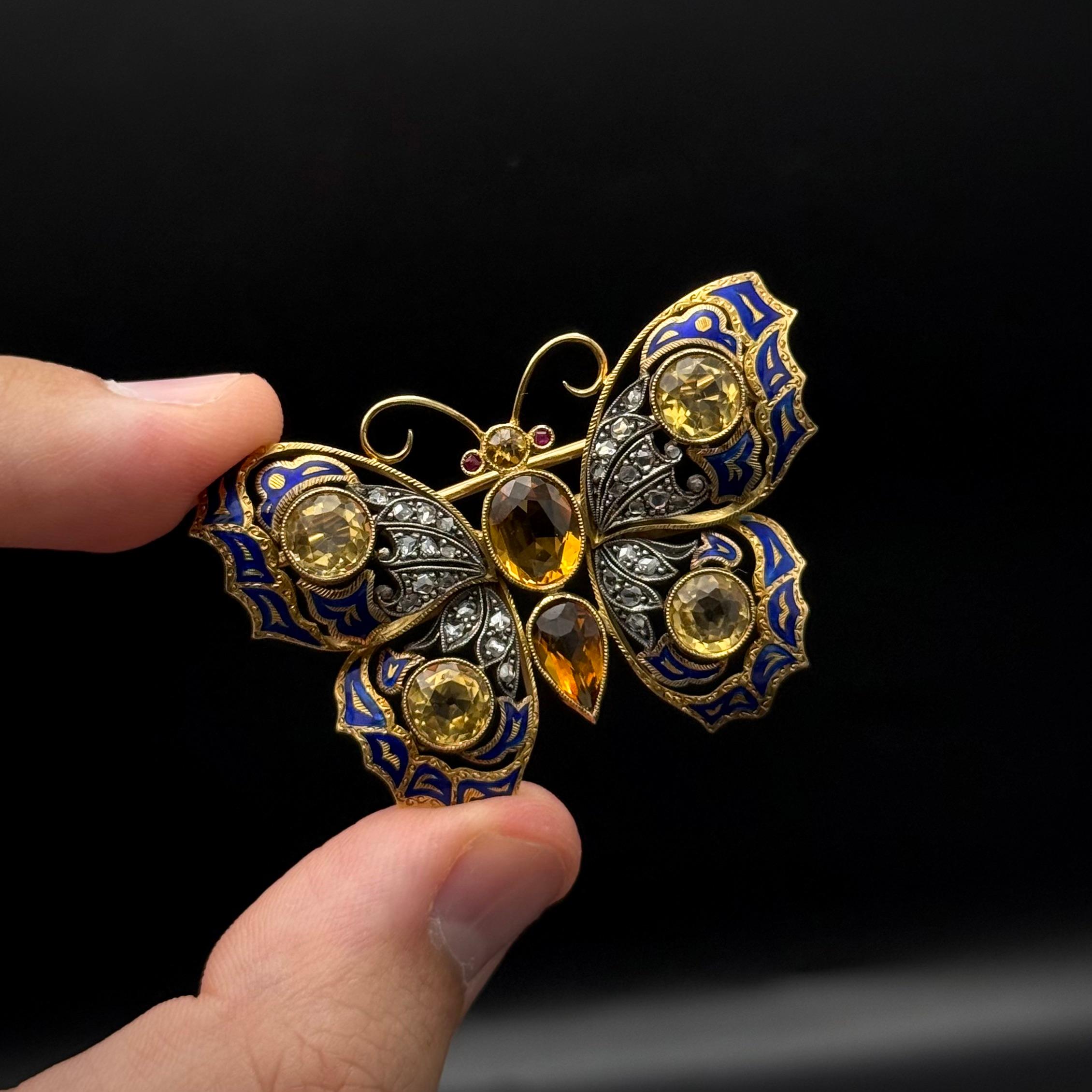 Spilla a farfalla con smalto retrò Topazio Citrino Rubino Diamante Oro Portoghese 1940s In condizioni buone in vendita a Lisbon, PT