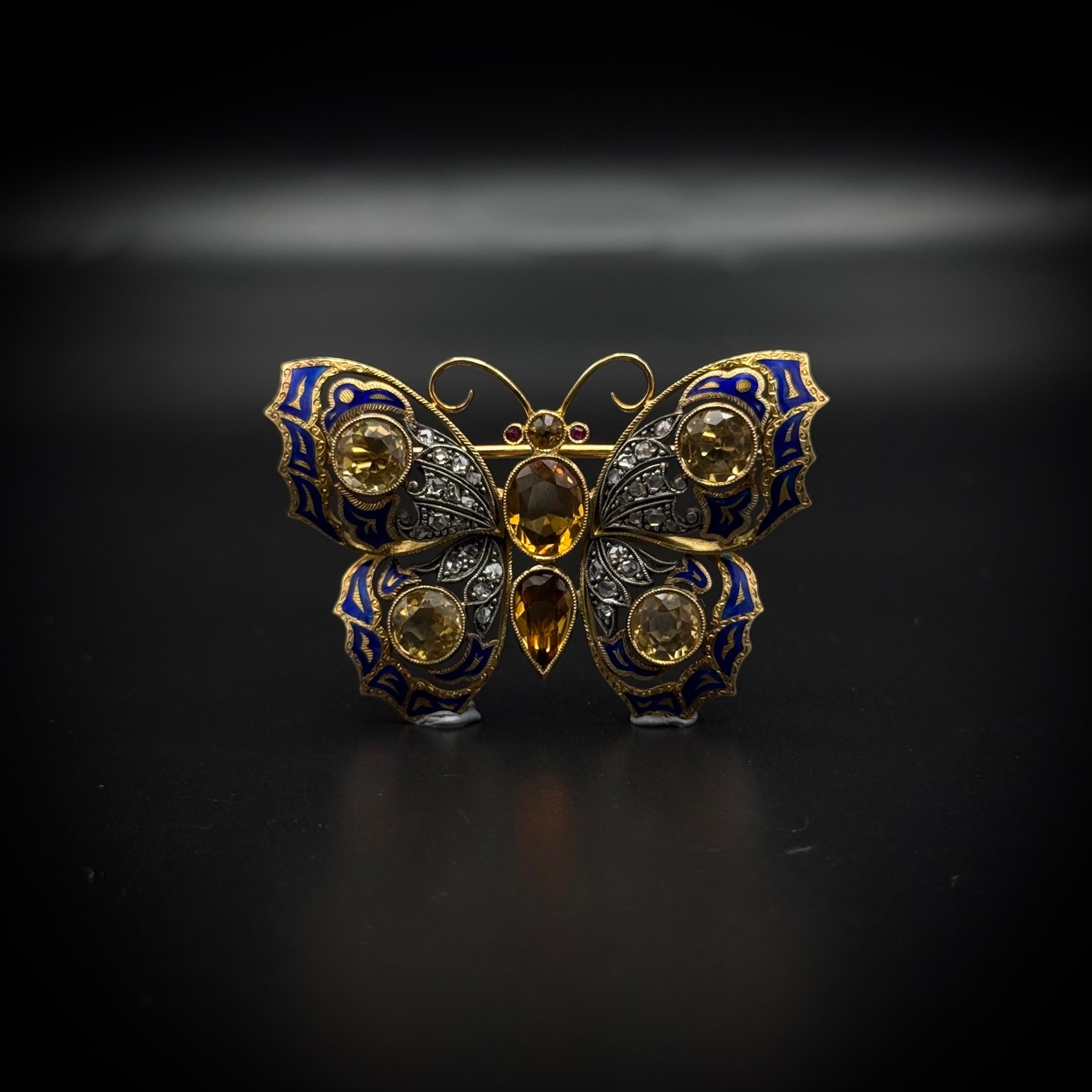 Spilla a farfalla con smalto retrò Topazio Citrino Rubino Diamante Oro Portoghese 1940s in vendita 1