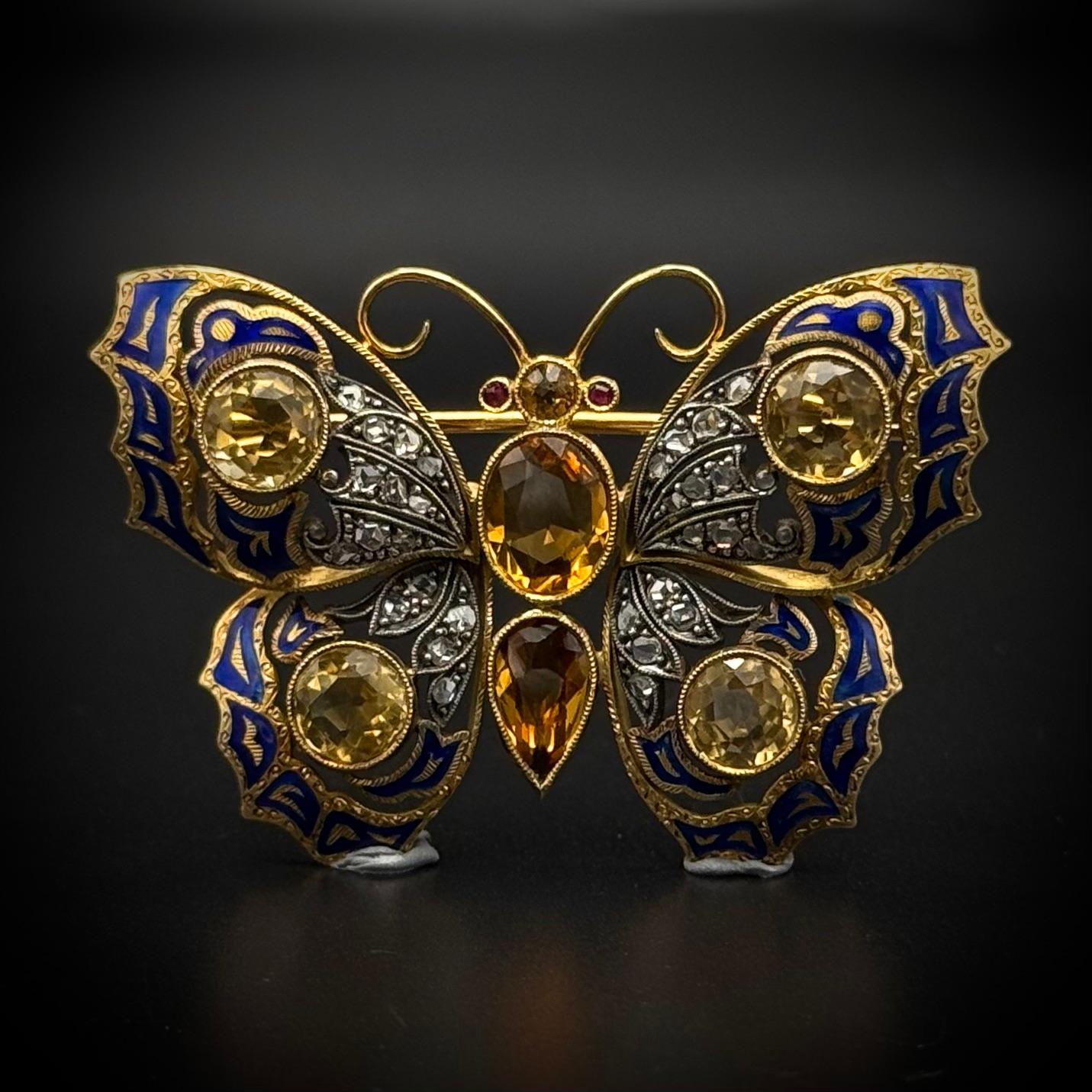 Spilla a farfalla con smalto retrò Topazio Citrino Rubino Diamante Oro Portoghese 1940s in vendita 2