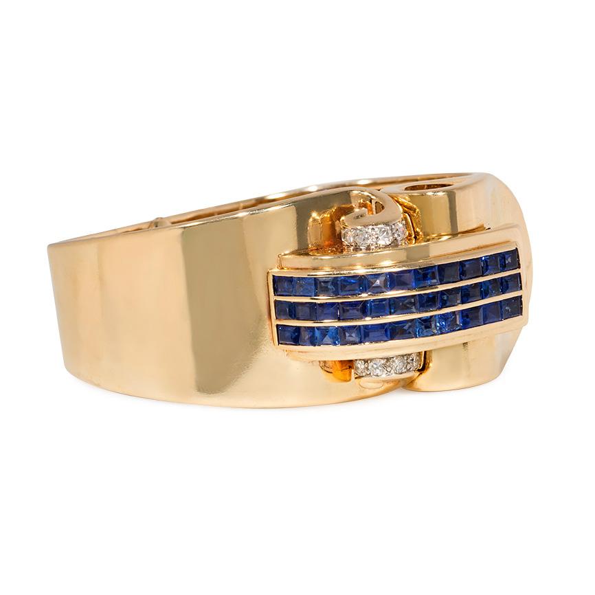 Baguette Cut Retro Trabert and Hoeffer Mauboussin Gold and Sapphire Covered Bracelet Watch