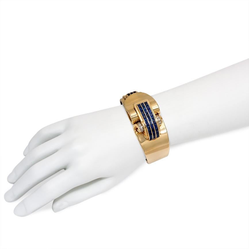 Women's or Men's Retro Trabert and Hoeffer Mauboussin Gold and Sapphire Covered Bracelet Watch