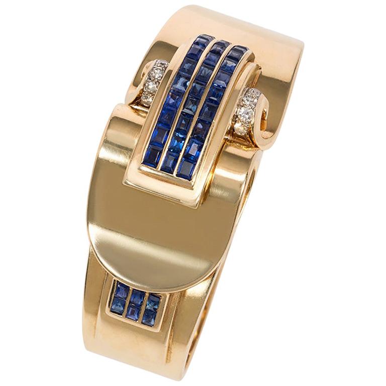 Retro Trabert and Hoeffer Mauboussin Gold and Sapphire Covered Bracelet Watch