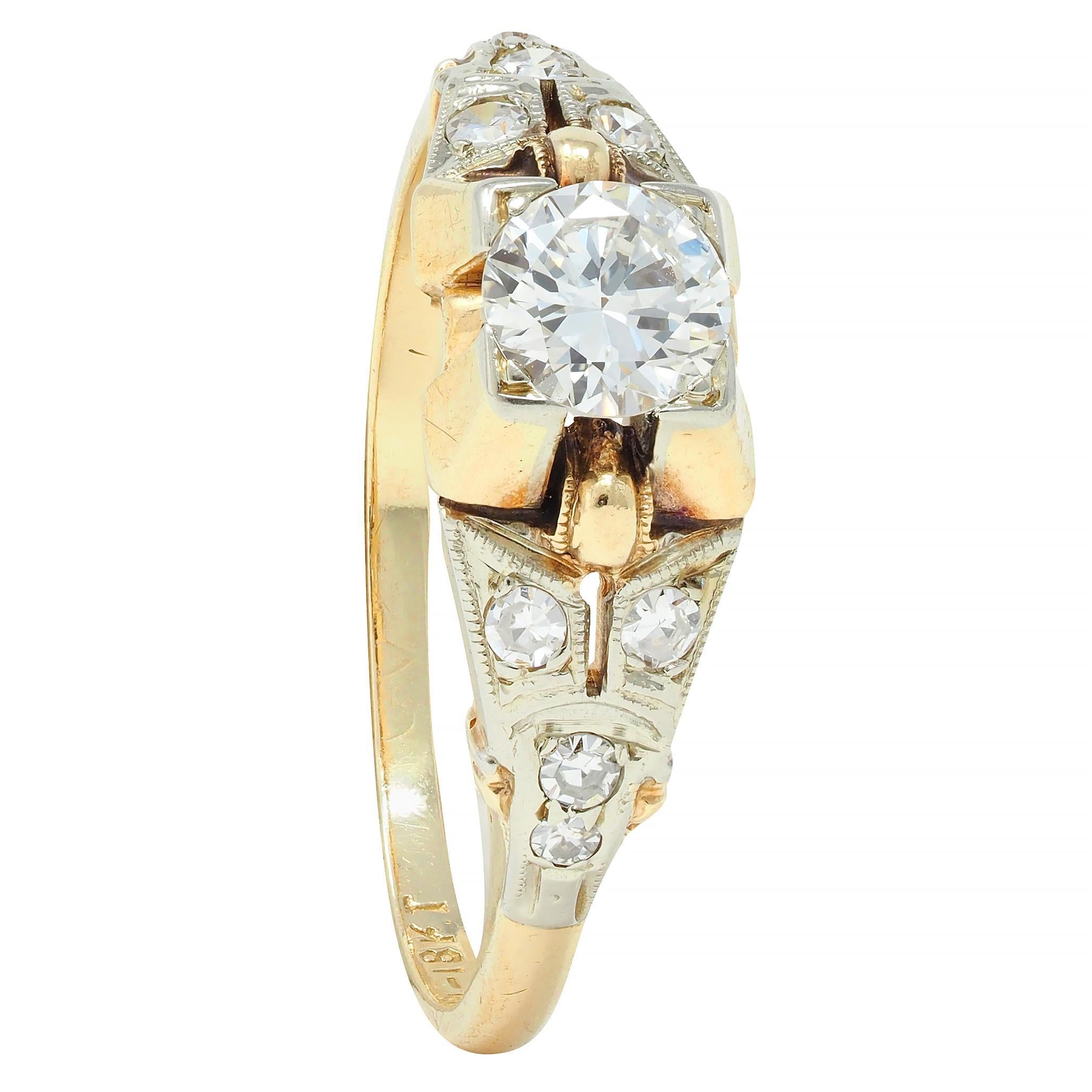 Retro Transitional Diamond 18 Karat Two-Tone Gold Vintage Engagement Ring For Sale 7