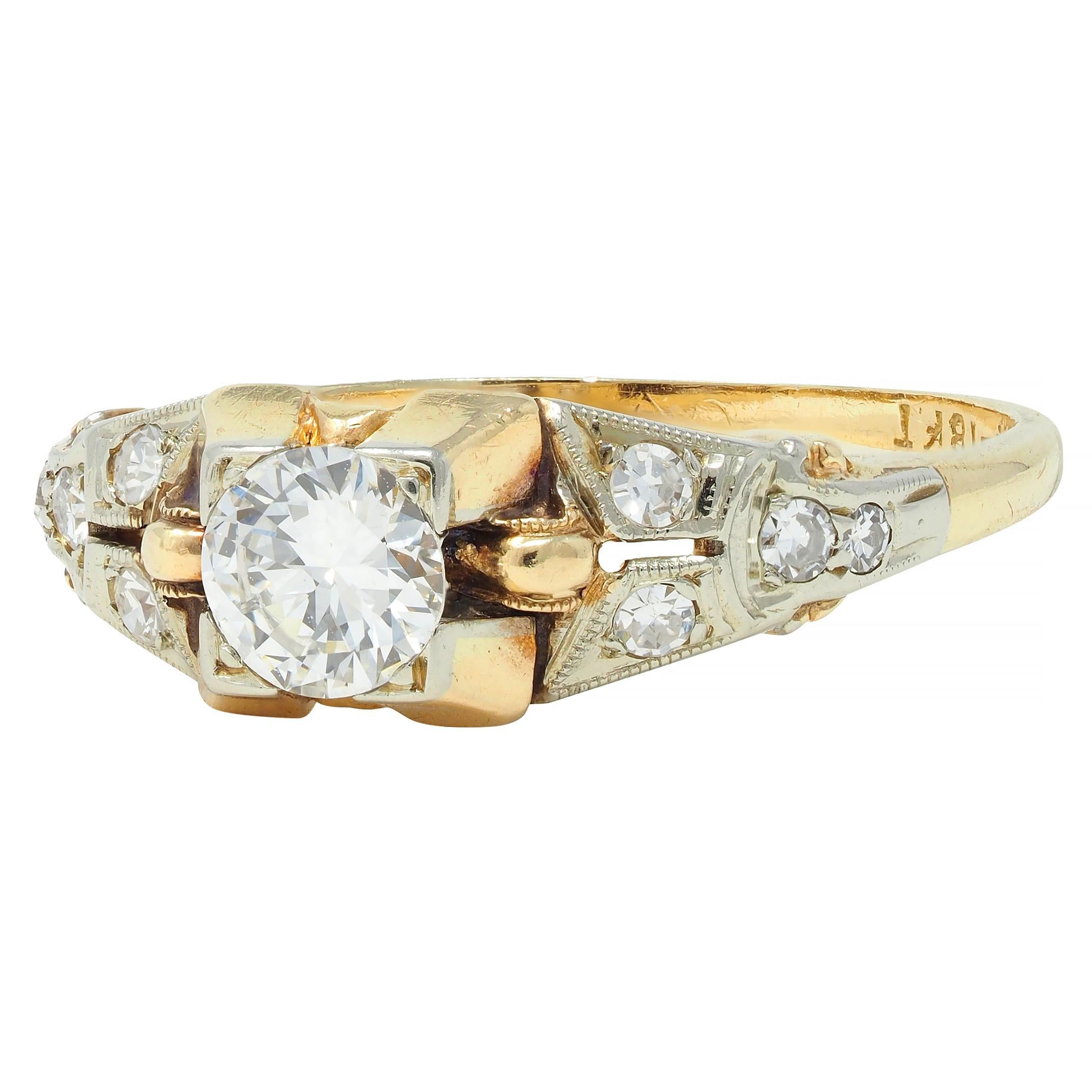 Retro Transitional Diamond 18 Karat Two-Tone Gold Vintage Engagement Ring For Sale 2