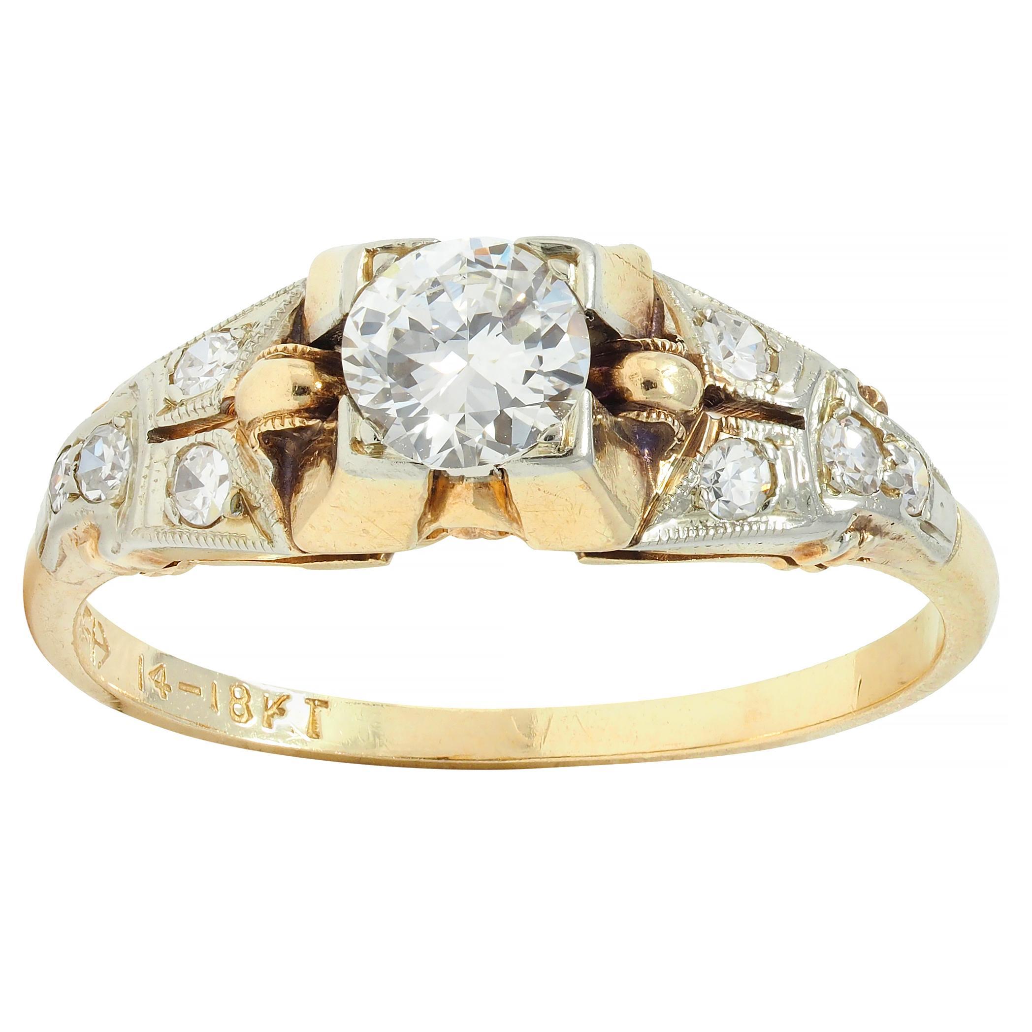 Retro Transitional Diamond 18 Karat Two-Tone Gold Vintage Engagement Ring For Sale 4