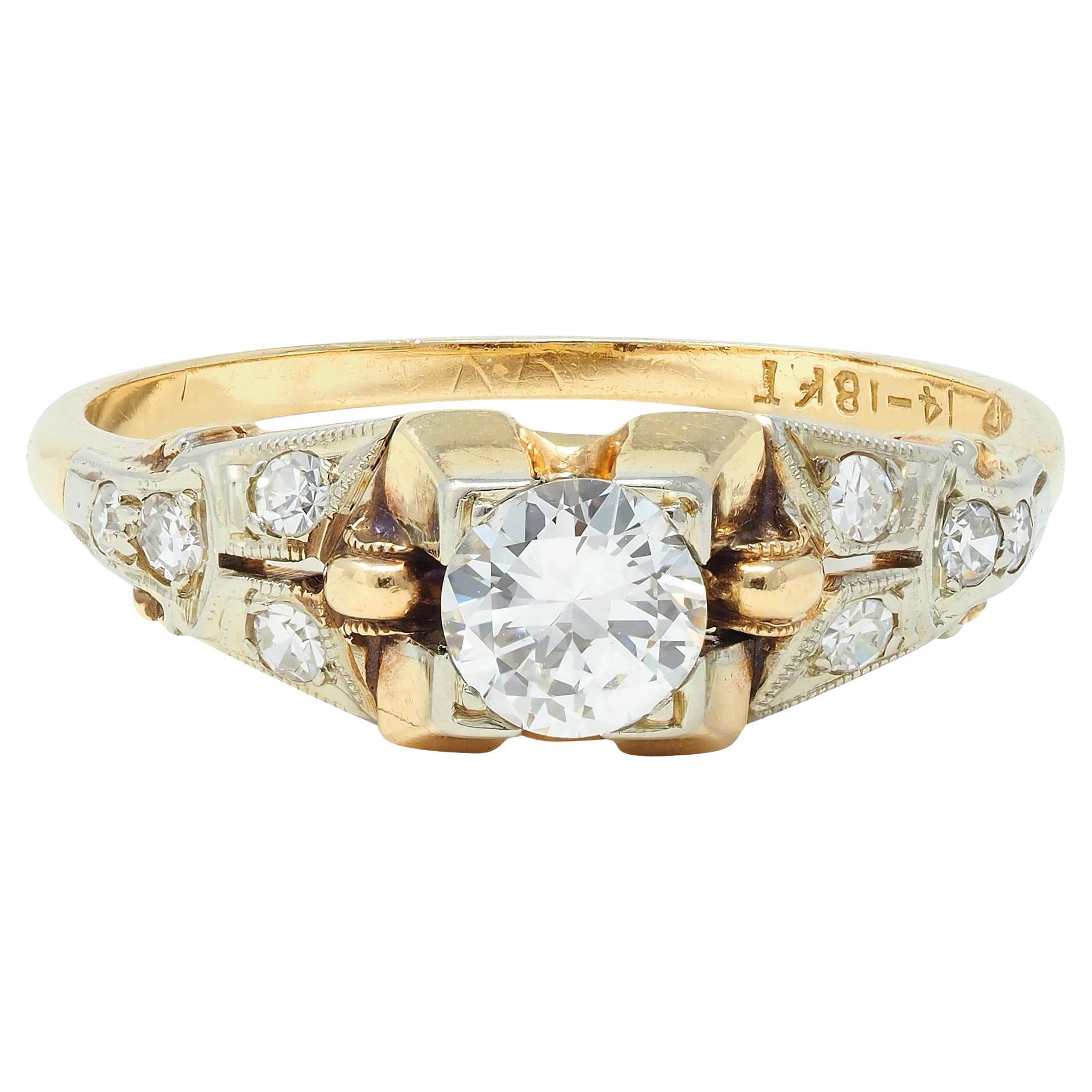 Retro Transitional Diamond 18 Karat Two-Tone Gold Vintage Engagement Ring For Sale