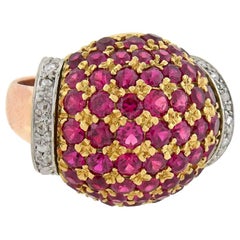 Retro Tri-Color 3.00 Carat Ruby and Diamond Domed Bombé Ring