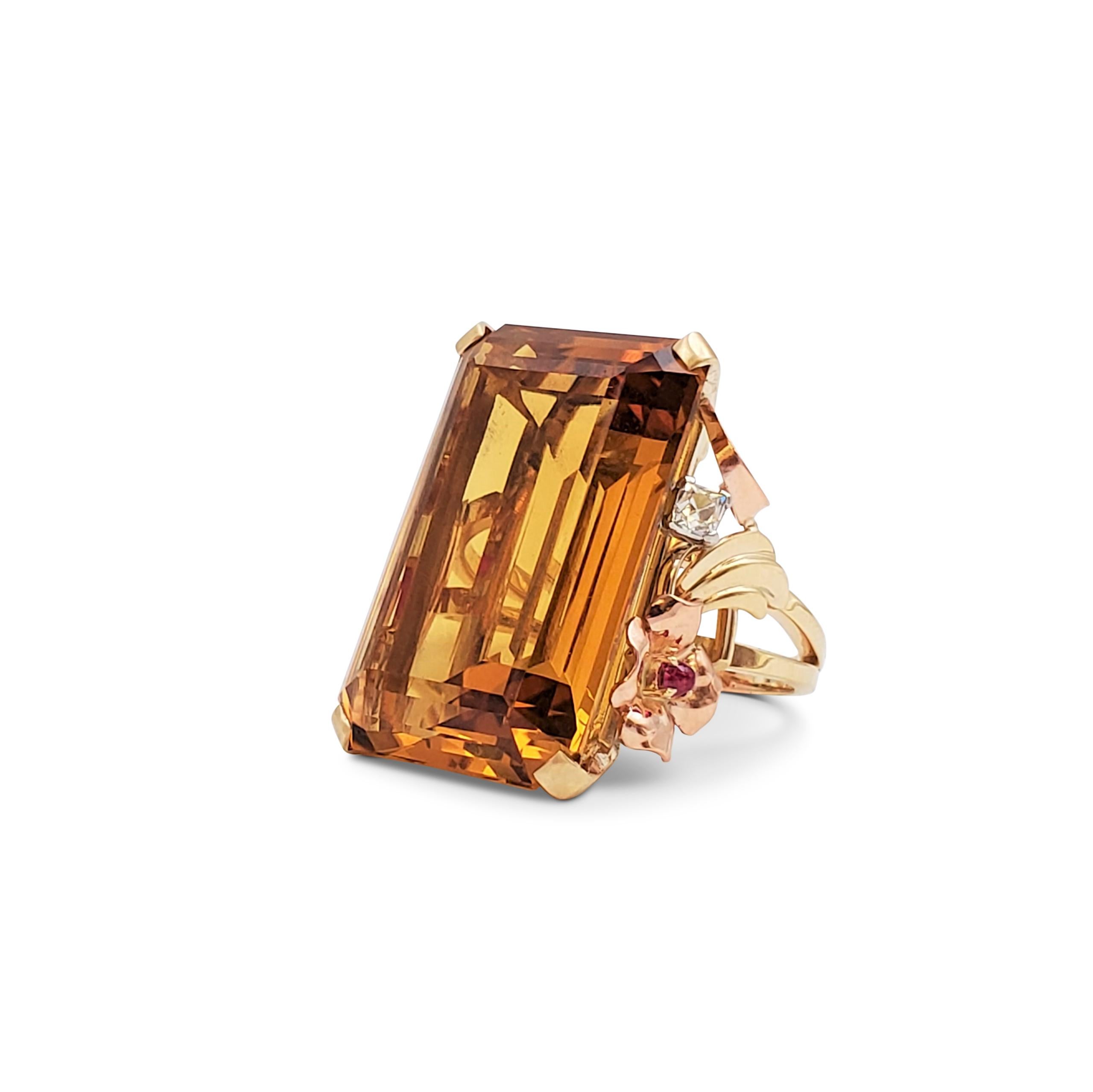 Retro Tri-Color Gold 57,86 Karat Citrin und Rubin Stein Cocktail-Ring (Ungeschliffen)