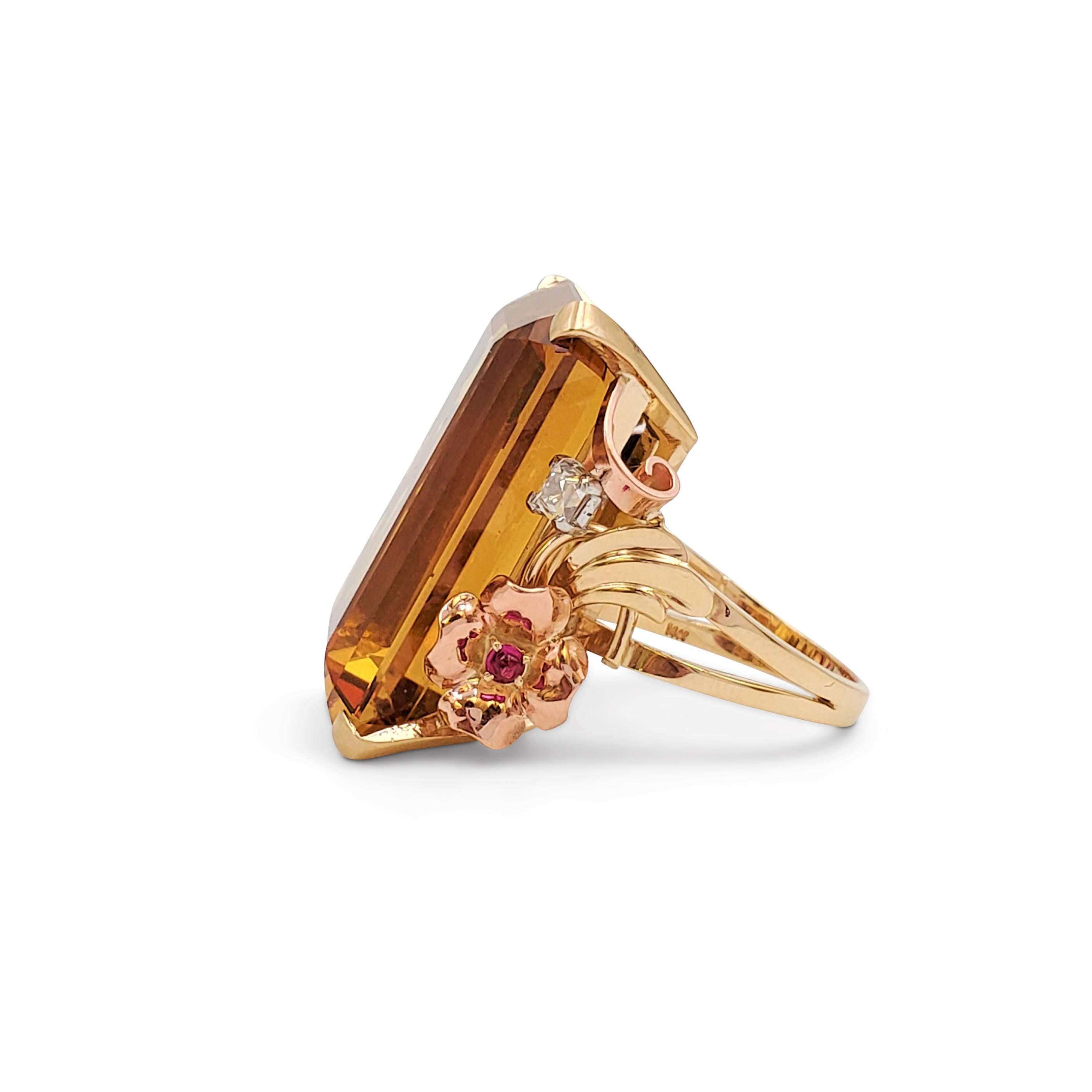 Retro Tri-Color Gold 57,86 Karat Citrin und Rubin Stein Cocktail-Ring im Zustand „Hervorragend“ in New York, NY