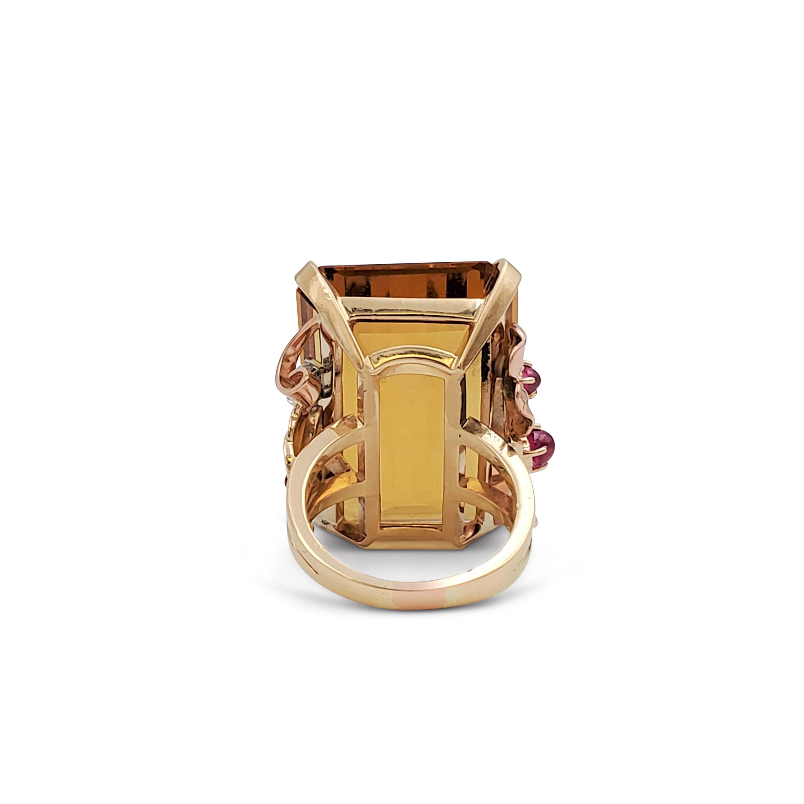 Uncut Retro Tri-Color Gold 57.86 Carat Citrine and Ruby Stone Cocktail Ring
