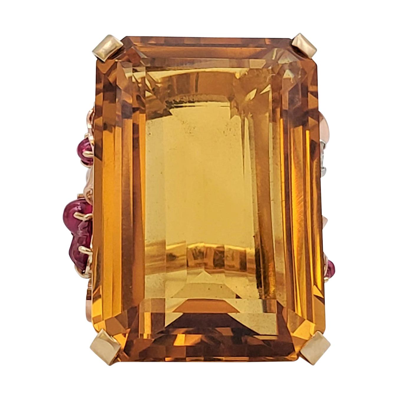 Retro Tri-Color Gold 57.86 Carat Citrine and Ruby Stone Cocktail Ring