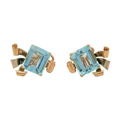 Retro Tri-Color Gold and Aquamarine Scroll Earrings Retro Tri-Color Gold and Aquamarine Scroll Earrings