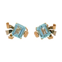 Retro Tri-Color Gold and Aquamarine Scroll Earrings