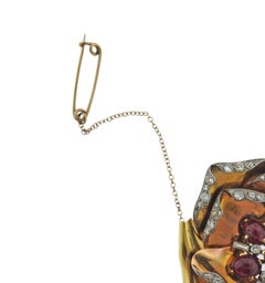 Retro Tri Color Gold Ruby Cabochon Diamond Large Rose Flower Brooch