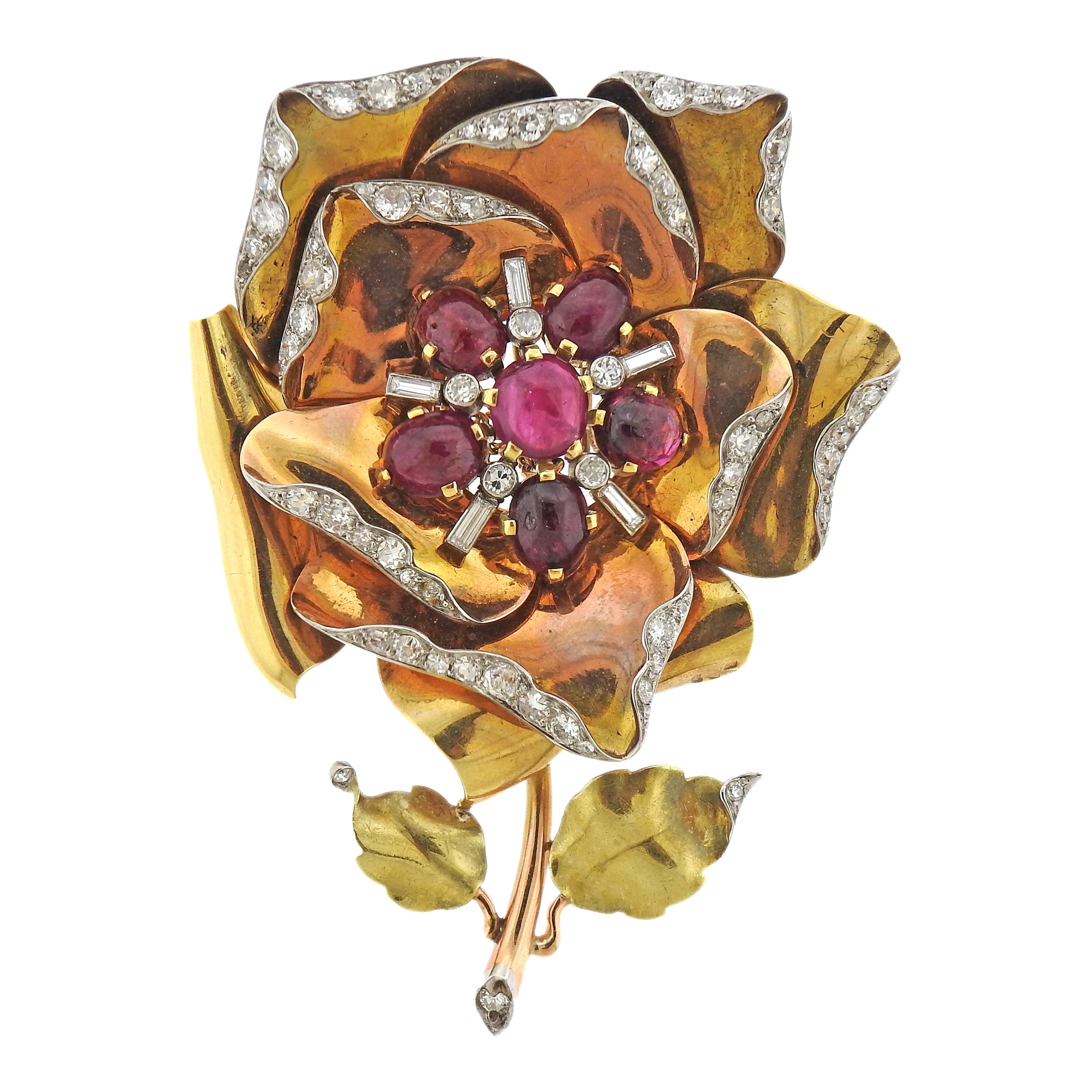 Broche Retro Tri Color Oro Rubí Cabujón Diamante Flor Rosa Grande en venta
